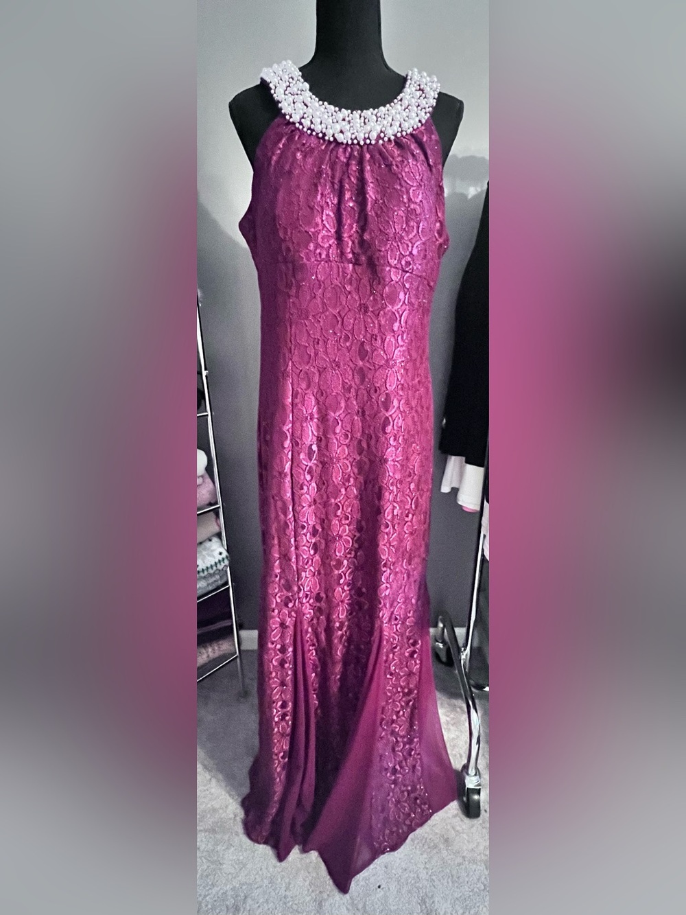 Elegant Beaded Neckline Lace Evening Gown - Deep Magenta
